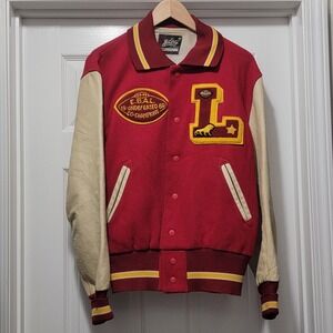 VTG HL Whiting Varsity Football Co-Champs Red Wool Letterman Jacket 1969 Mens 46